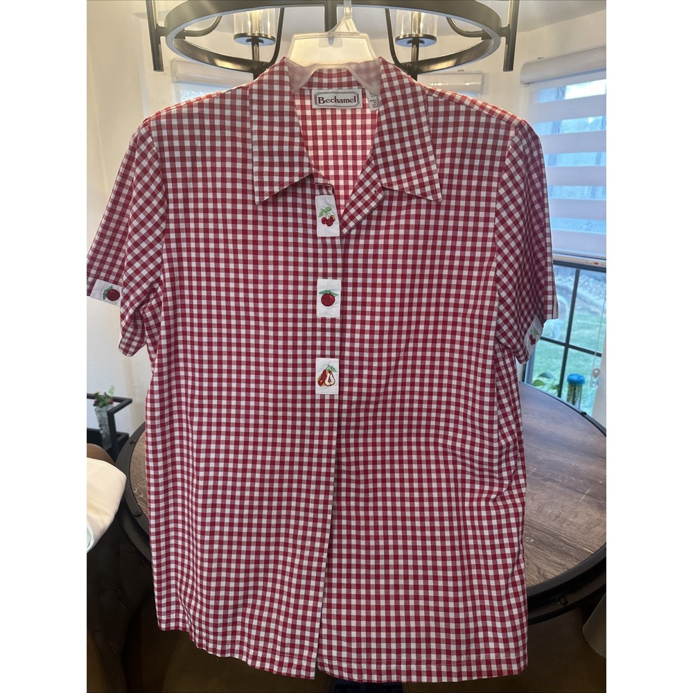 Vintage Women's Bechamel Red + White Cotton Embroidered Accents Shirt L